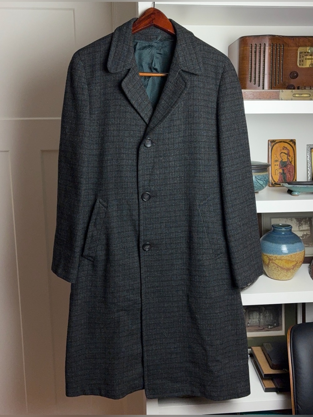 Vintage Men’s Wool Over Coat Checked Windowpane Medium
